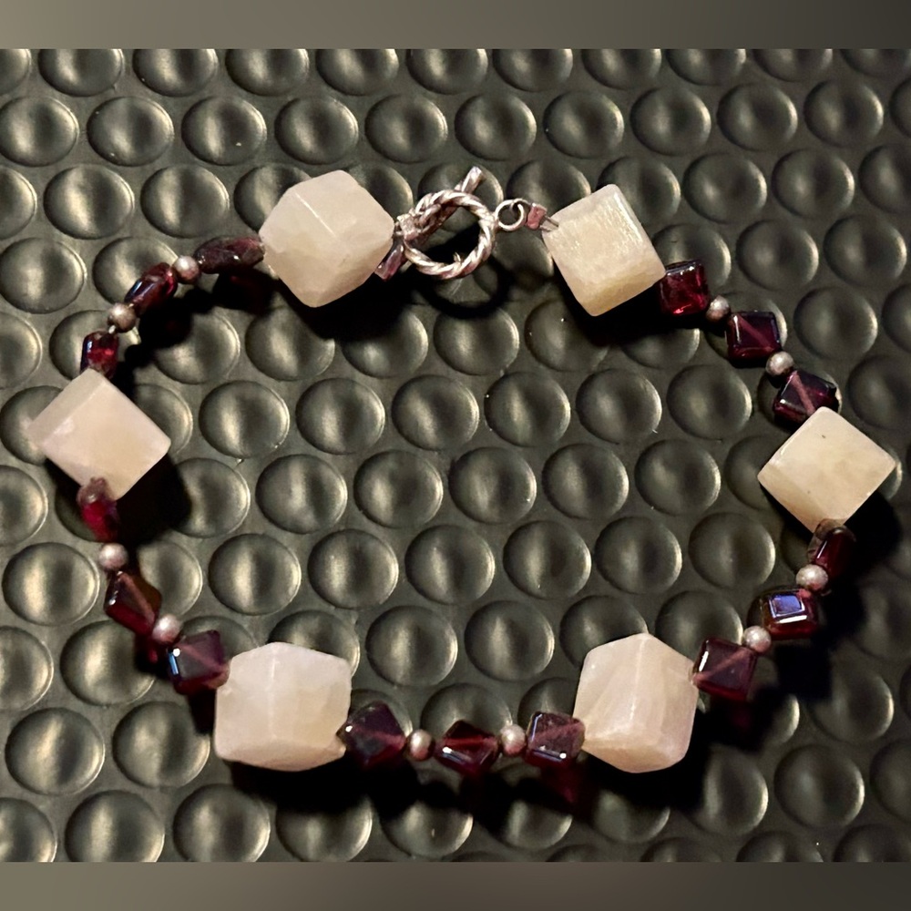 Elegant Handcrafted Calcite, Garnet & Silver Beaded Stone Bracelet 8in